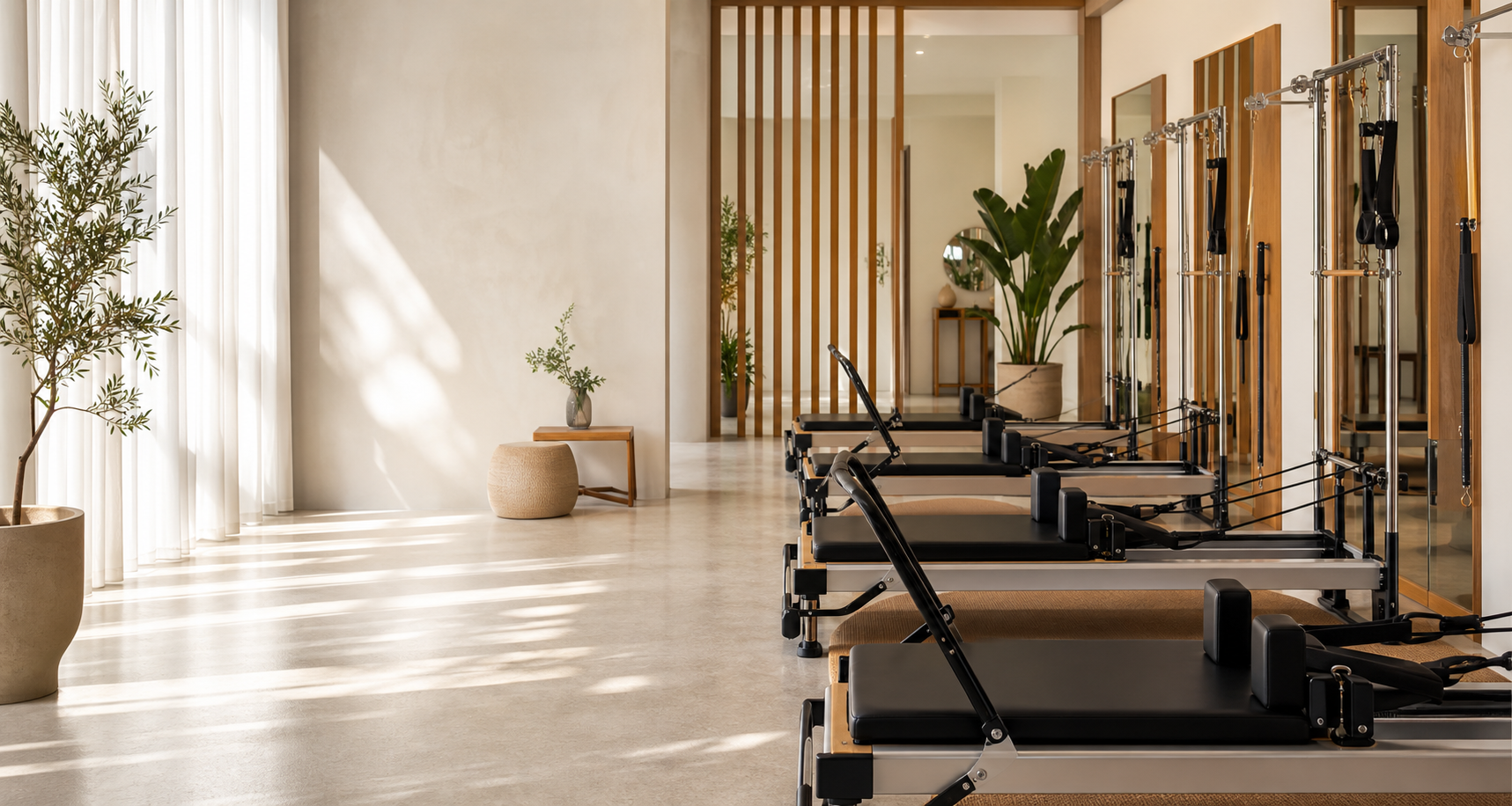 Aydınlık ve sakin reformer pilates stüdyosu